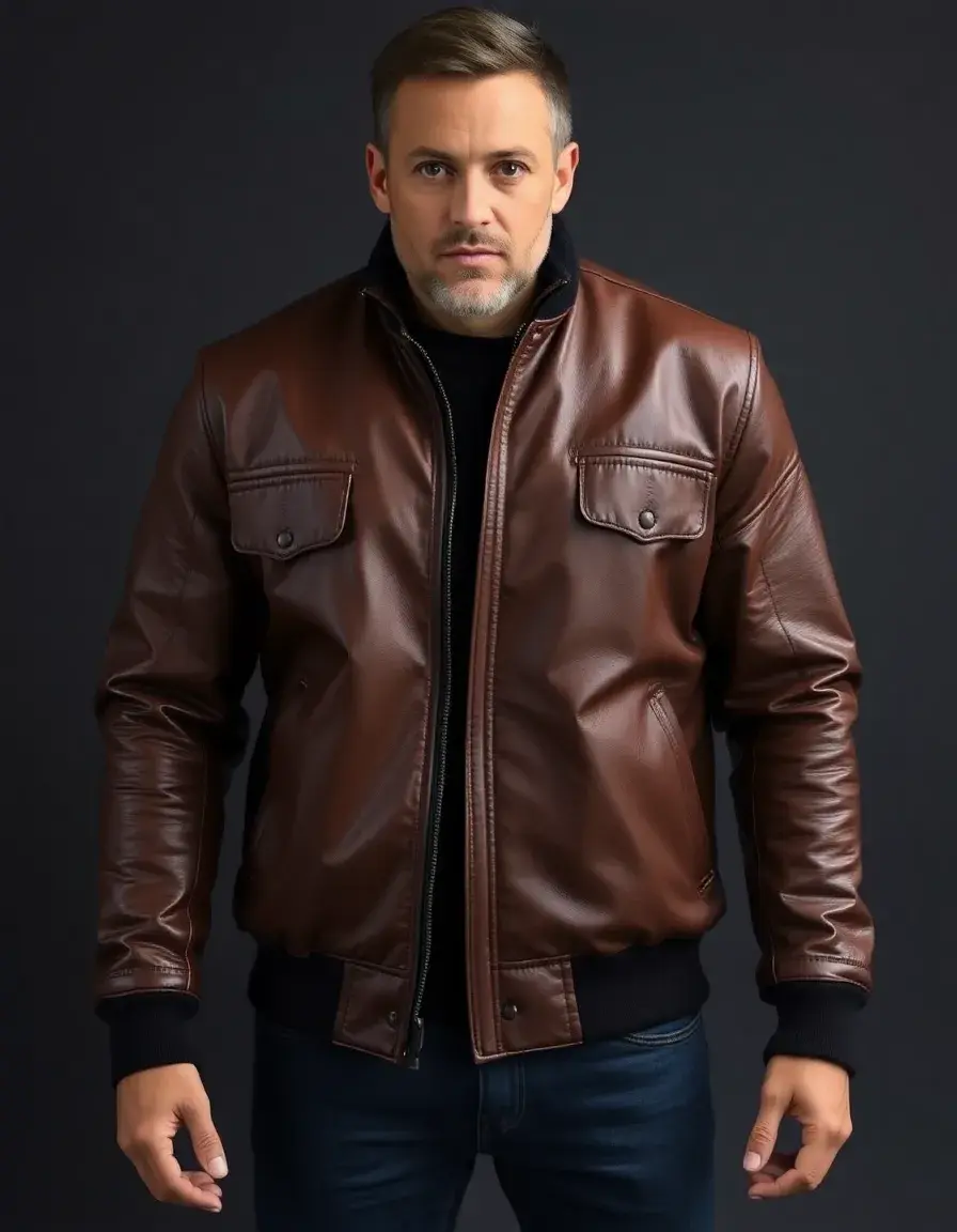 Giacca bomber in pelle marrone dallo stile classico e confortevole