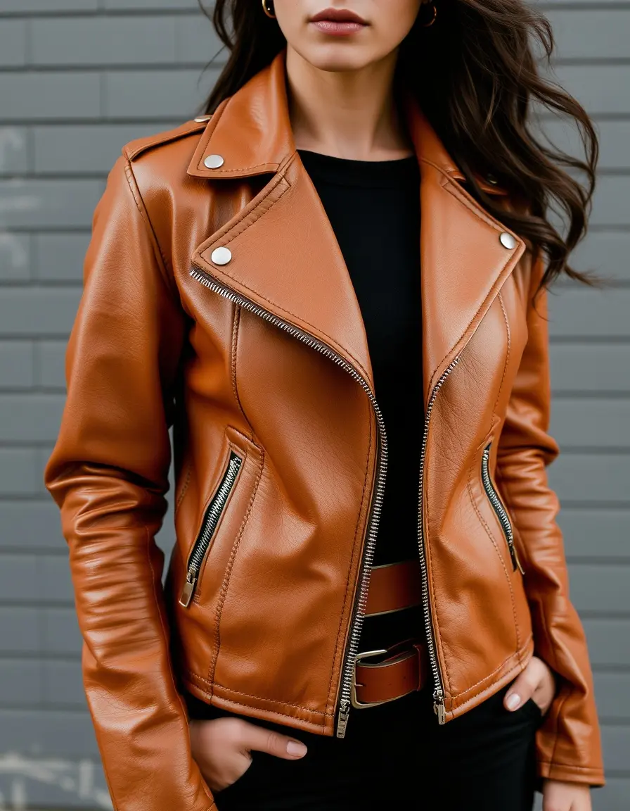 Giacca moto in pelle color tan con dettagli minimalisti
