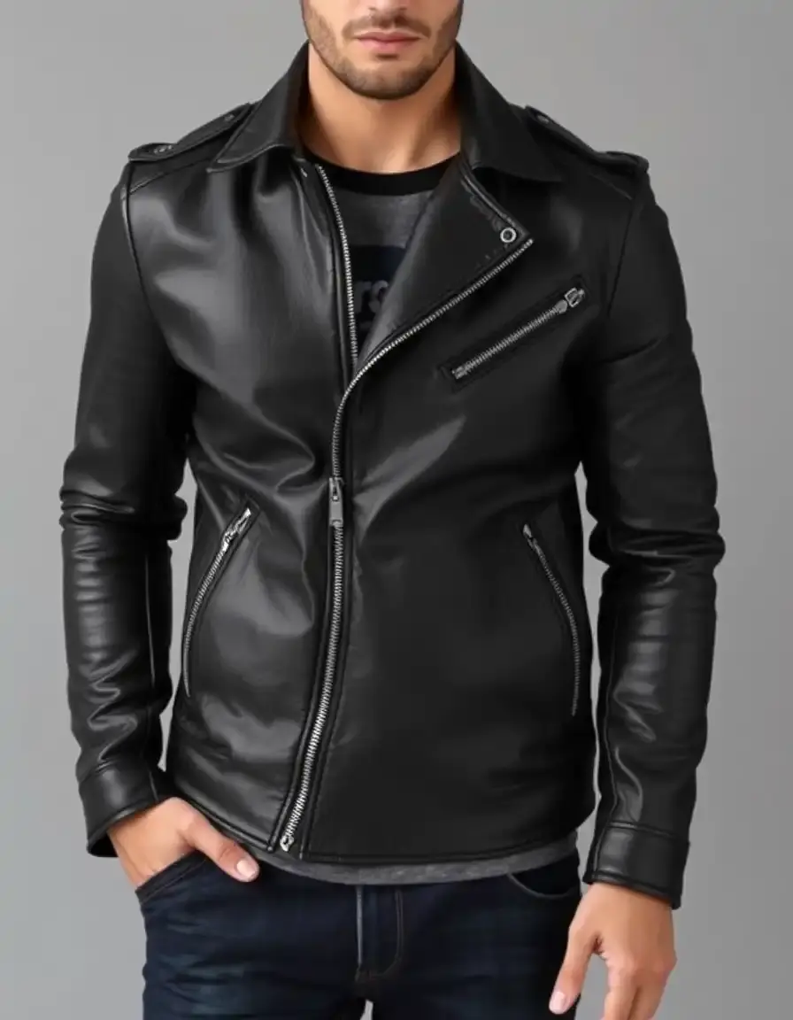 Giacca di pelle nera taglio slim fit aderente e moderna