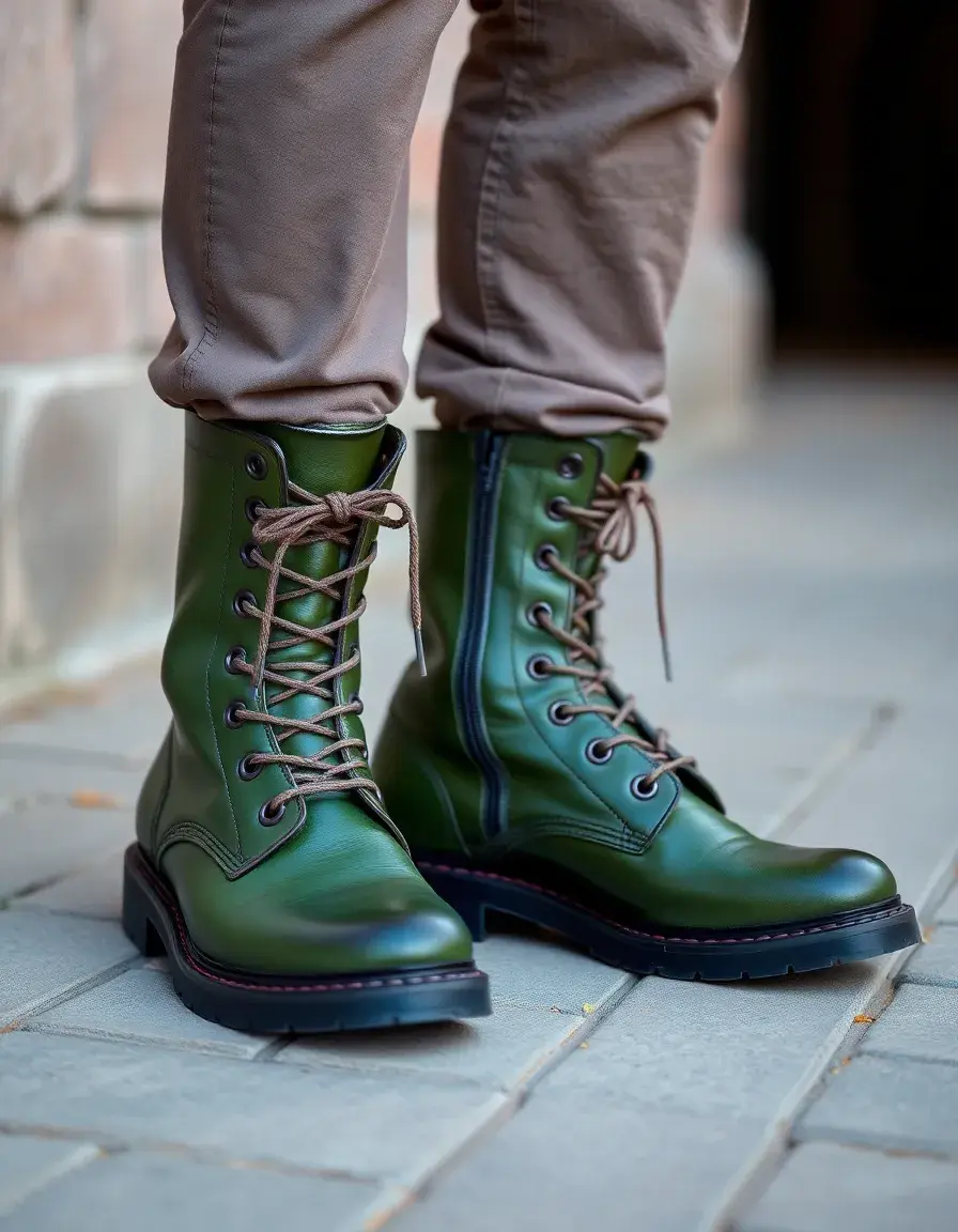 Stivali militari in pelle verde scuro con suola rinforzata