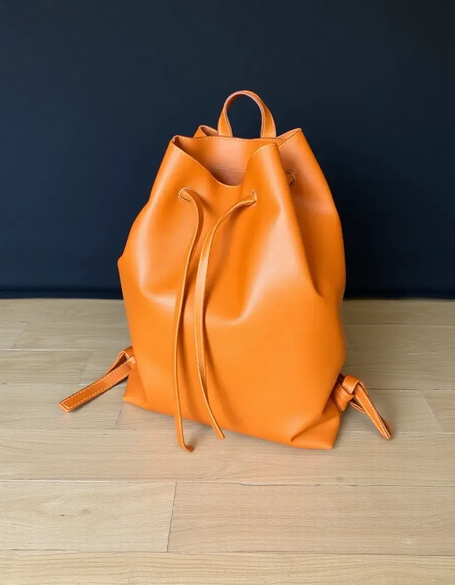 Zaino in pelle color cuoio con chiusura a cordoncino e design minimal
