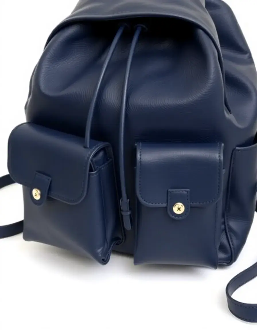 Zaino da viaggio in pelle blu navy con tasche organizzative esterne