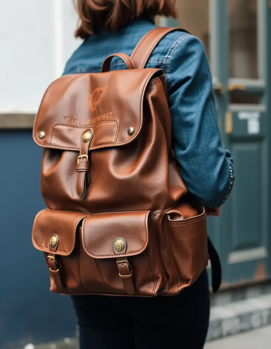 Zaino vintage in pelle marrone con dettagli in metallo