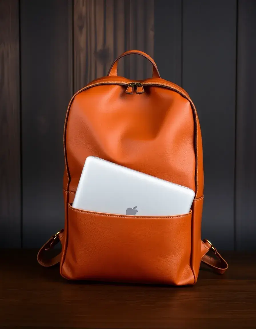 Zaino business in pelle color cuoio con tasca porta pc