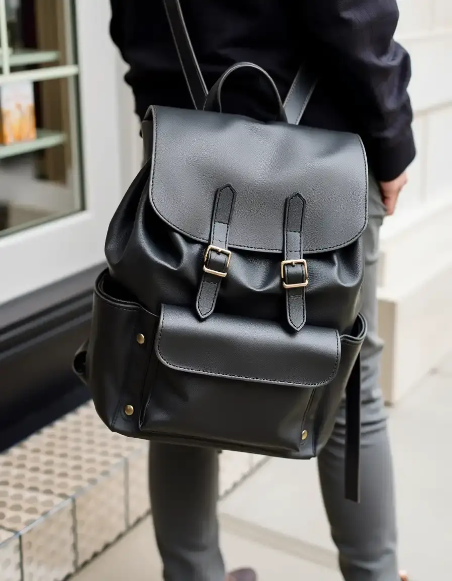 Zaino rolltop in pelle nera design urbano contemporaneo