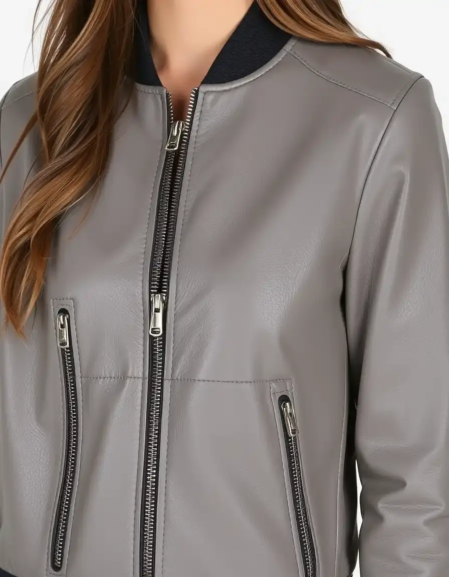 Giacca bomber uomo in pelle grigia con zip moderna