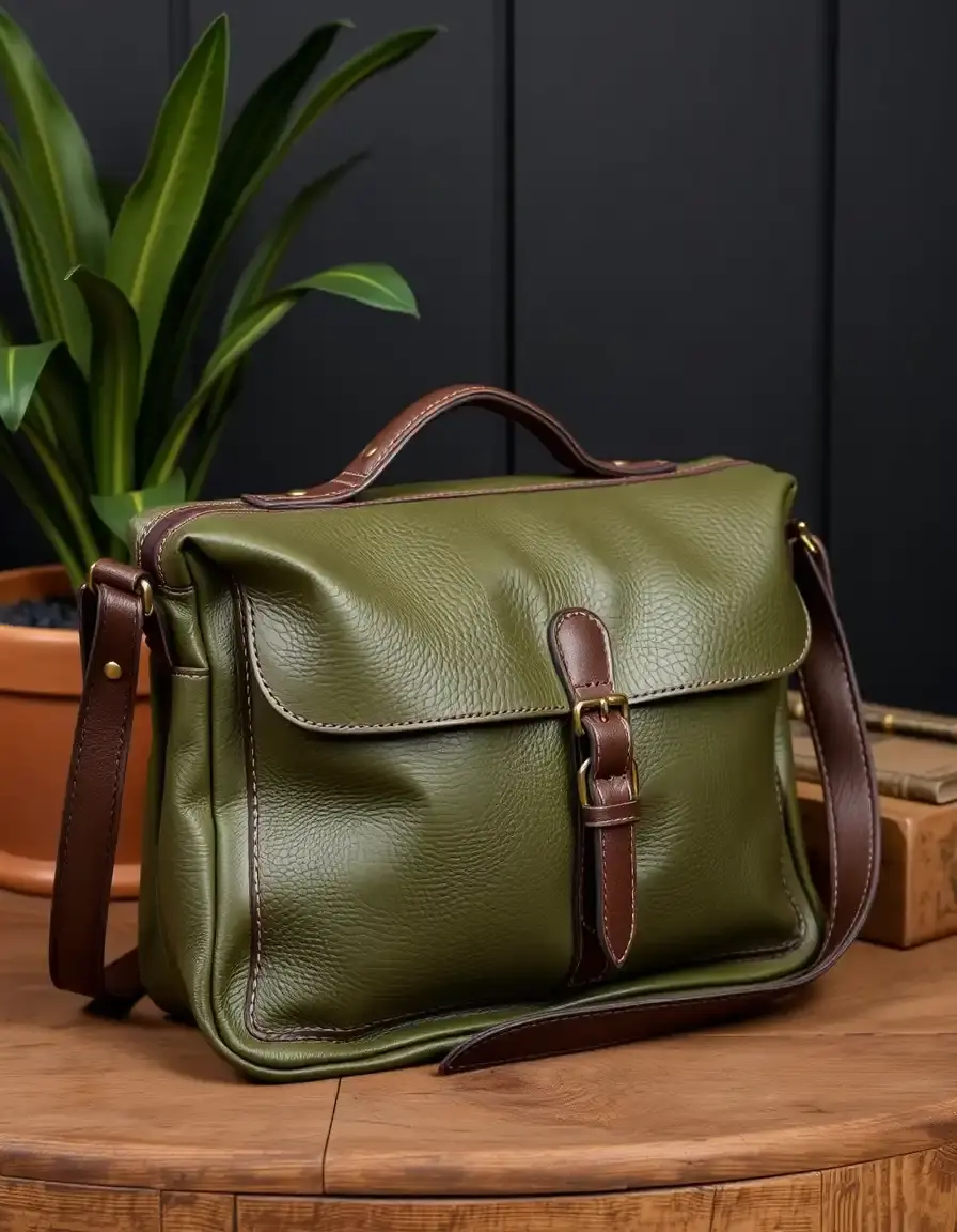 Borsa messenger in pelle verde foresta stile vintage