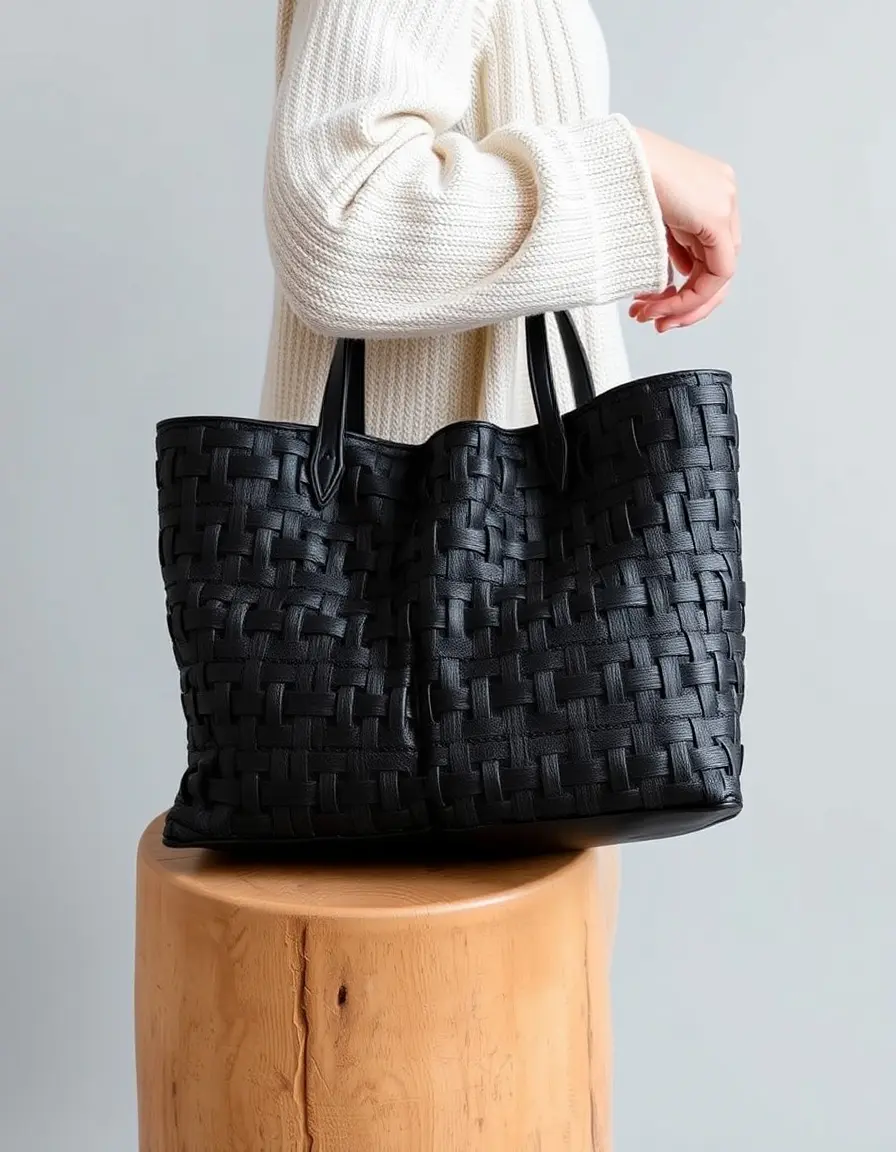 Black woven leather tote bag elegante e spaziosa