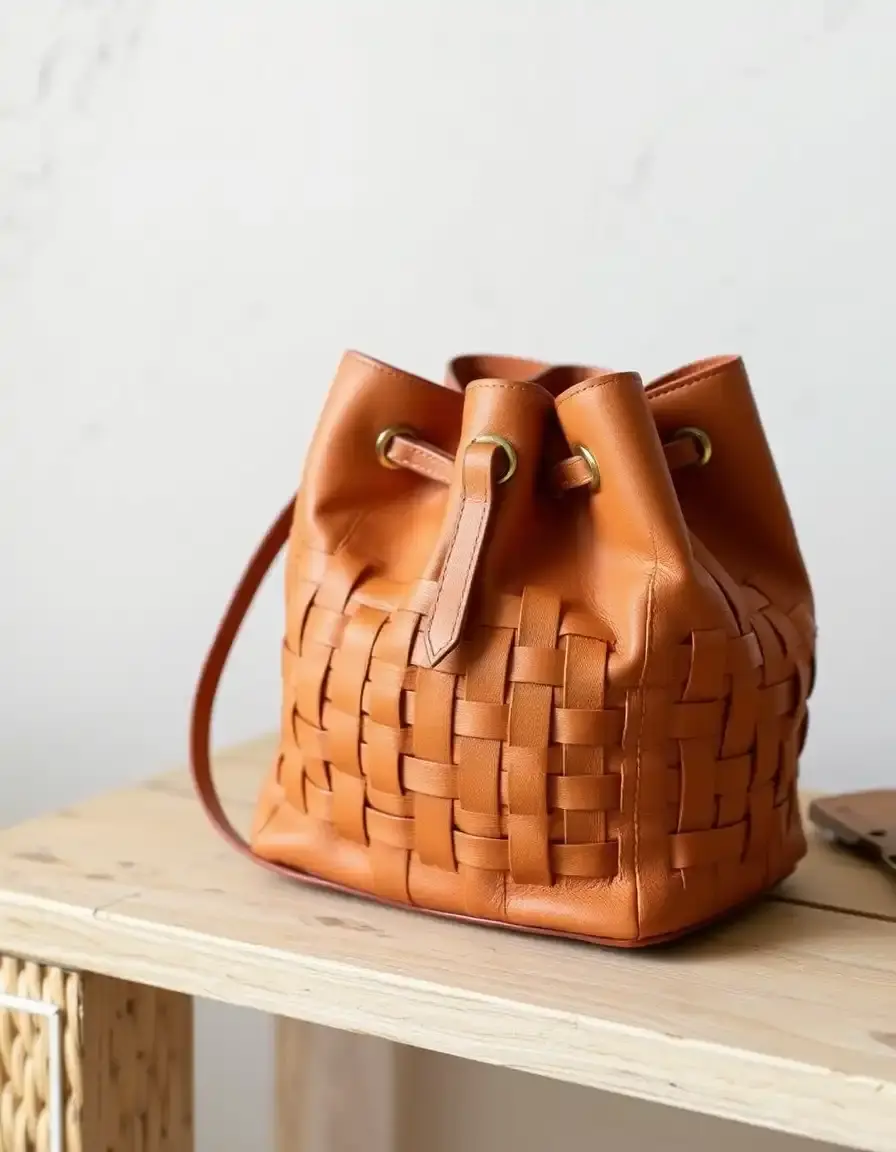 Tan woven leather bucket bag color cuoio naturale