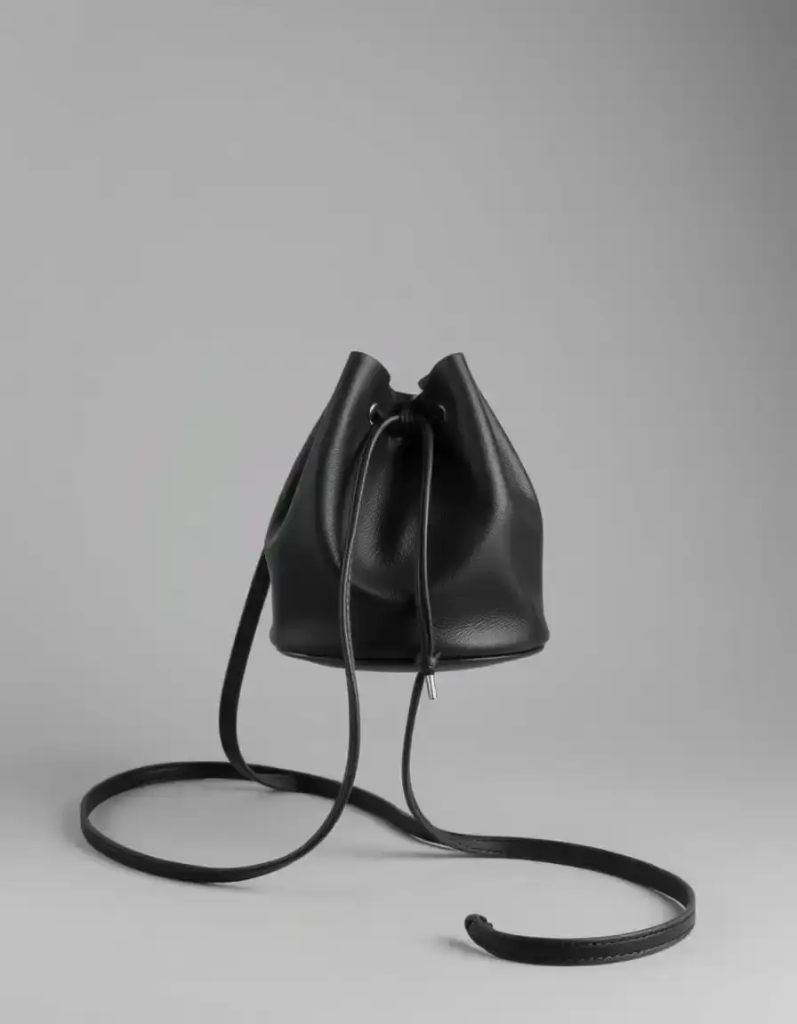 Borsa a secchiello nera in pelle con cordino