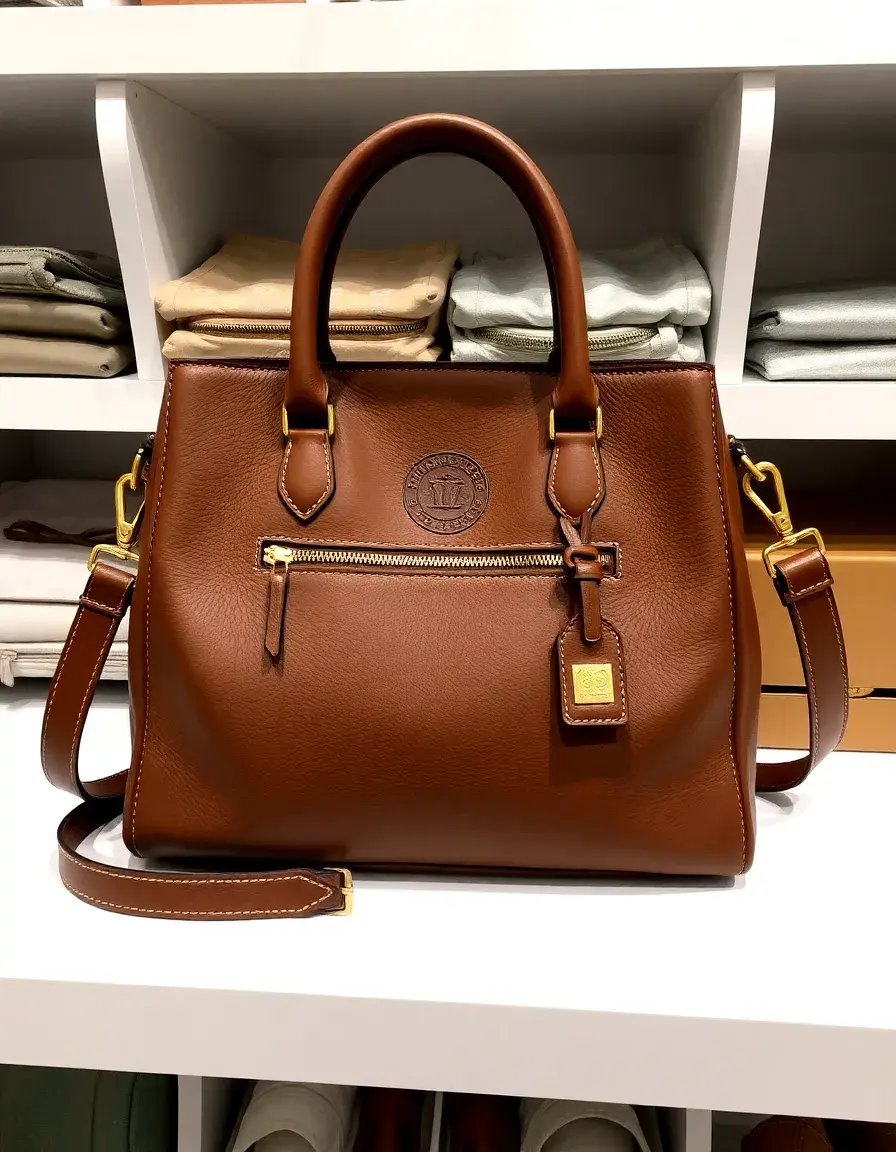 Borsa a mano marrone in pelle con dettagli dorati