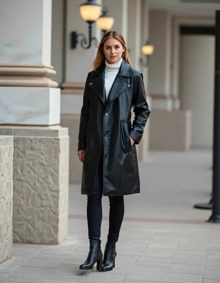 Elegante cappotto nero in pelle lunga da donna