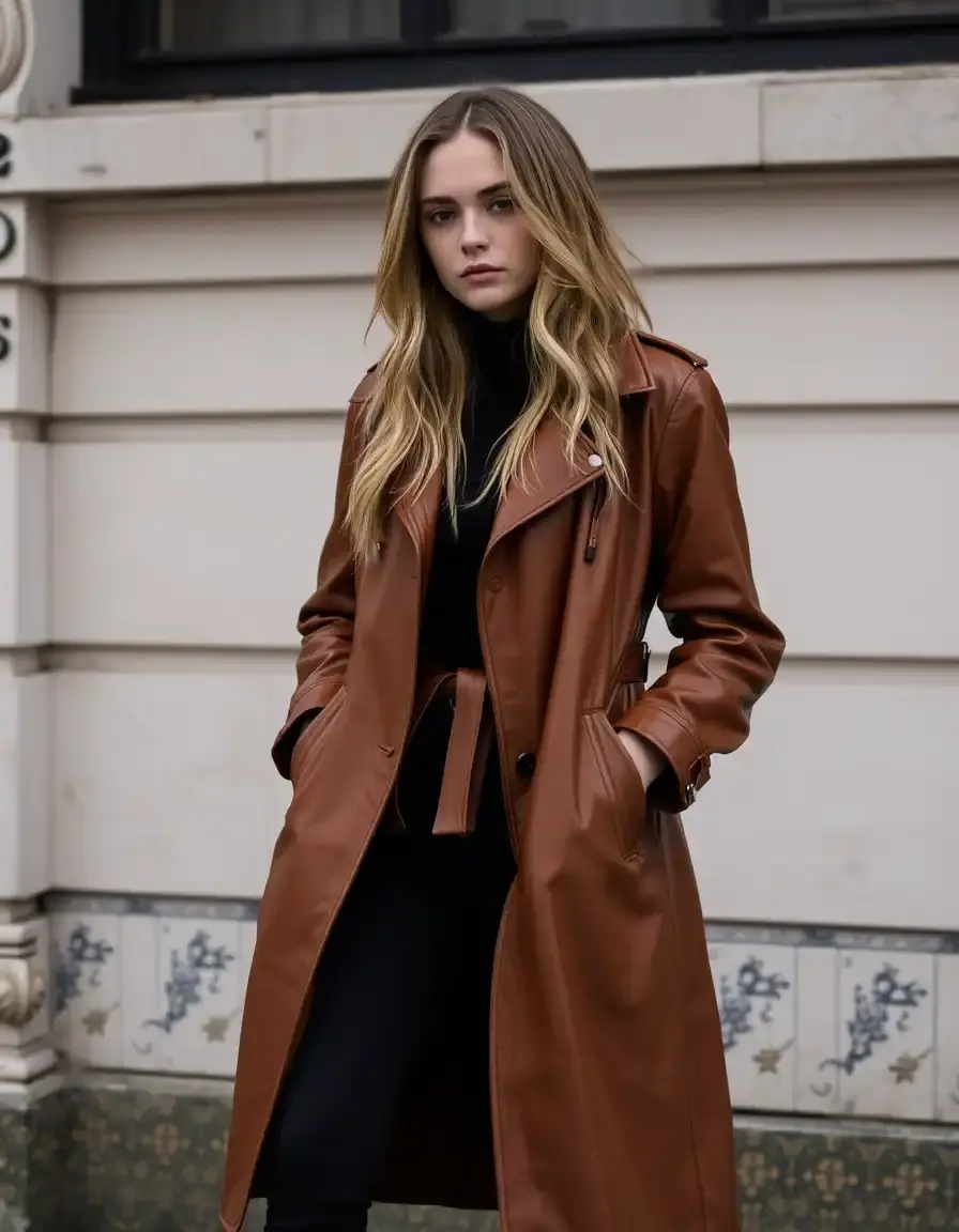 Trench coat in pelle marrone da donna stile vintage