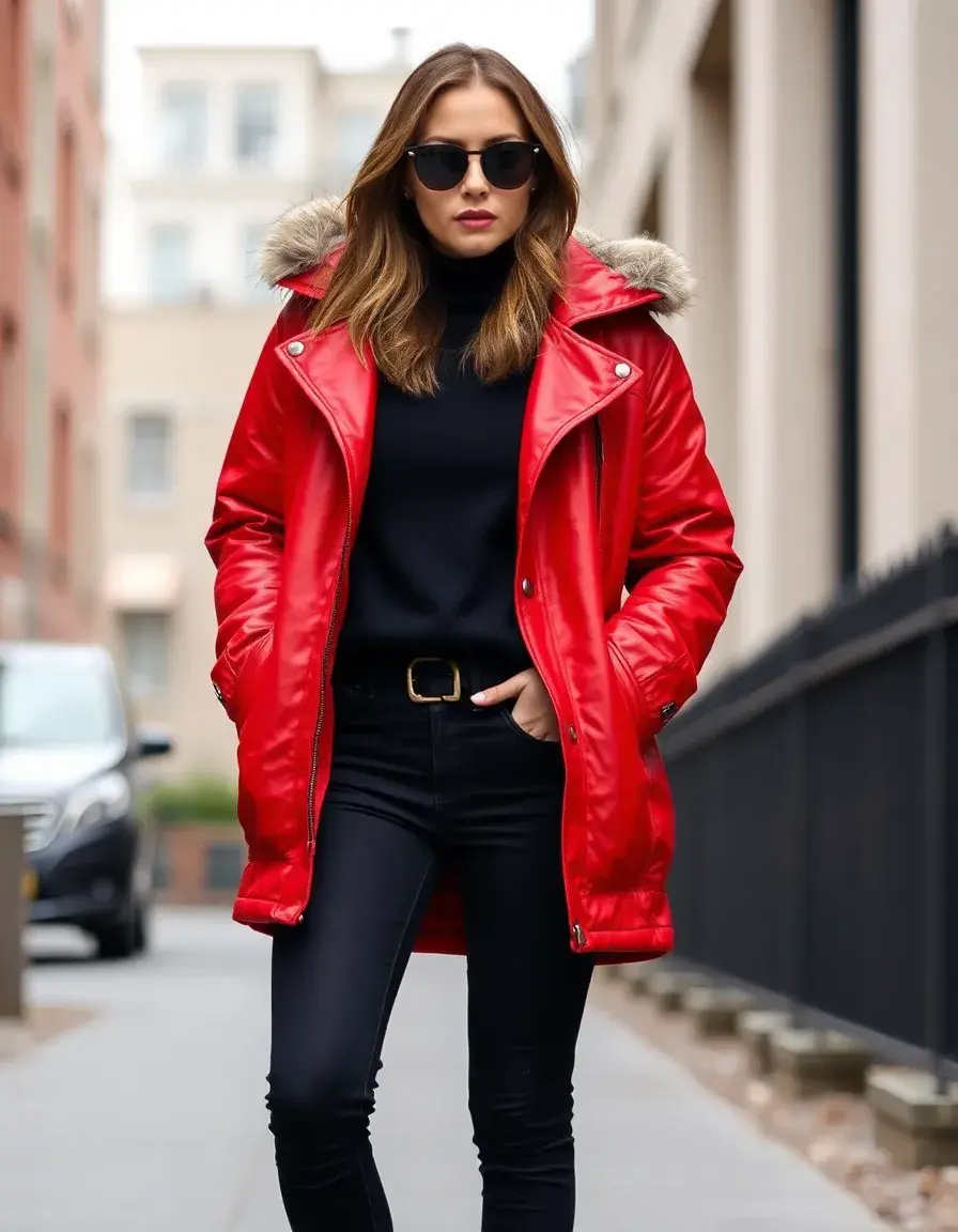 Parka in pelle rossa vivace da donna con cappuccio