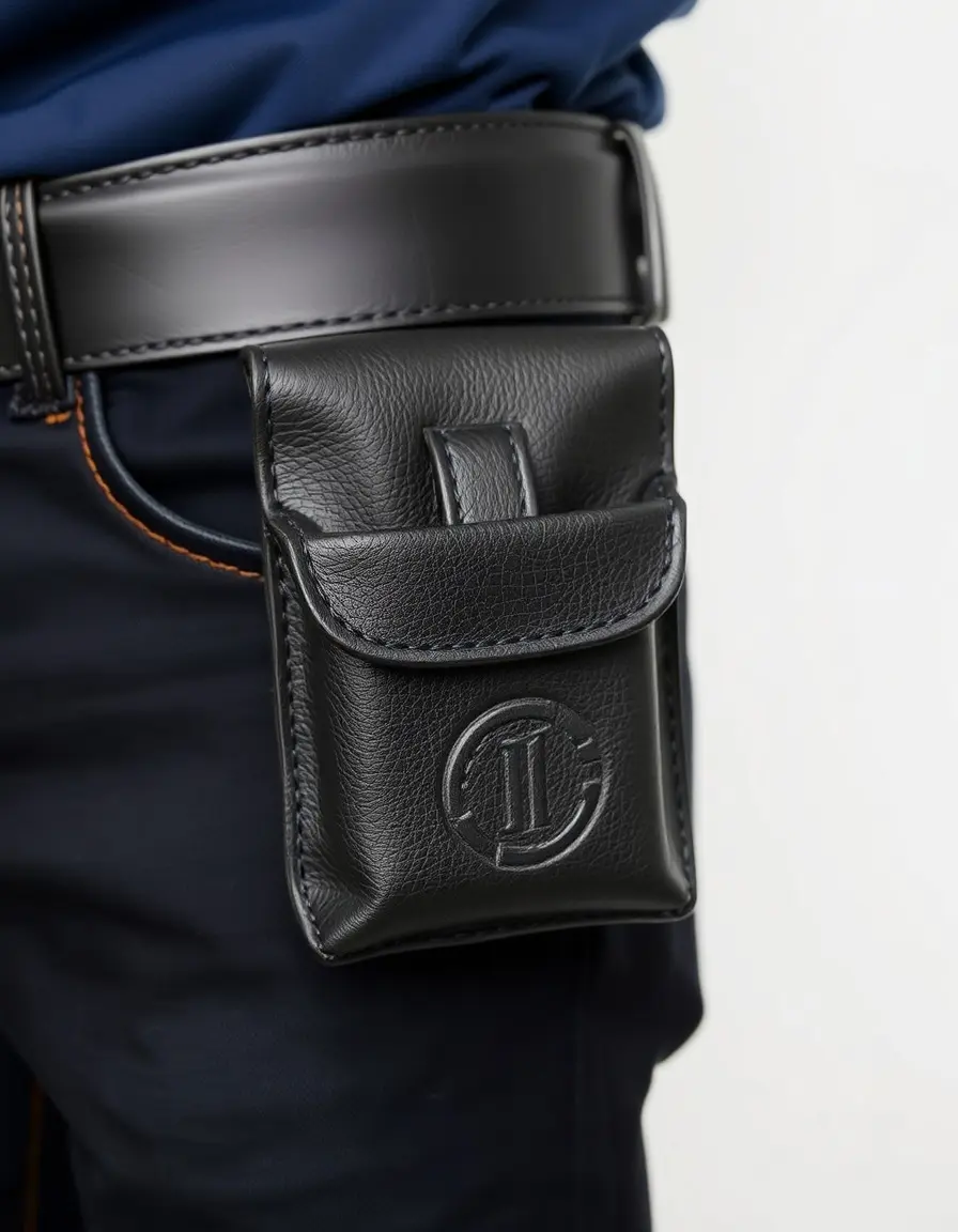 Borsello in pelle nera da uomo con passante per cintura, design classico