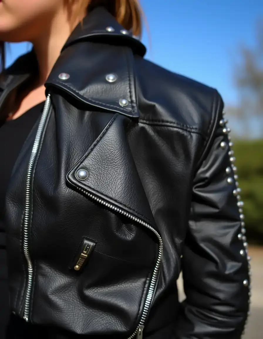 Chiodo di pelle nero uomo con borchie metalliche stile biker