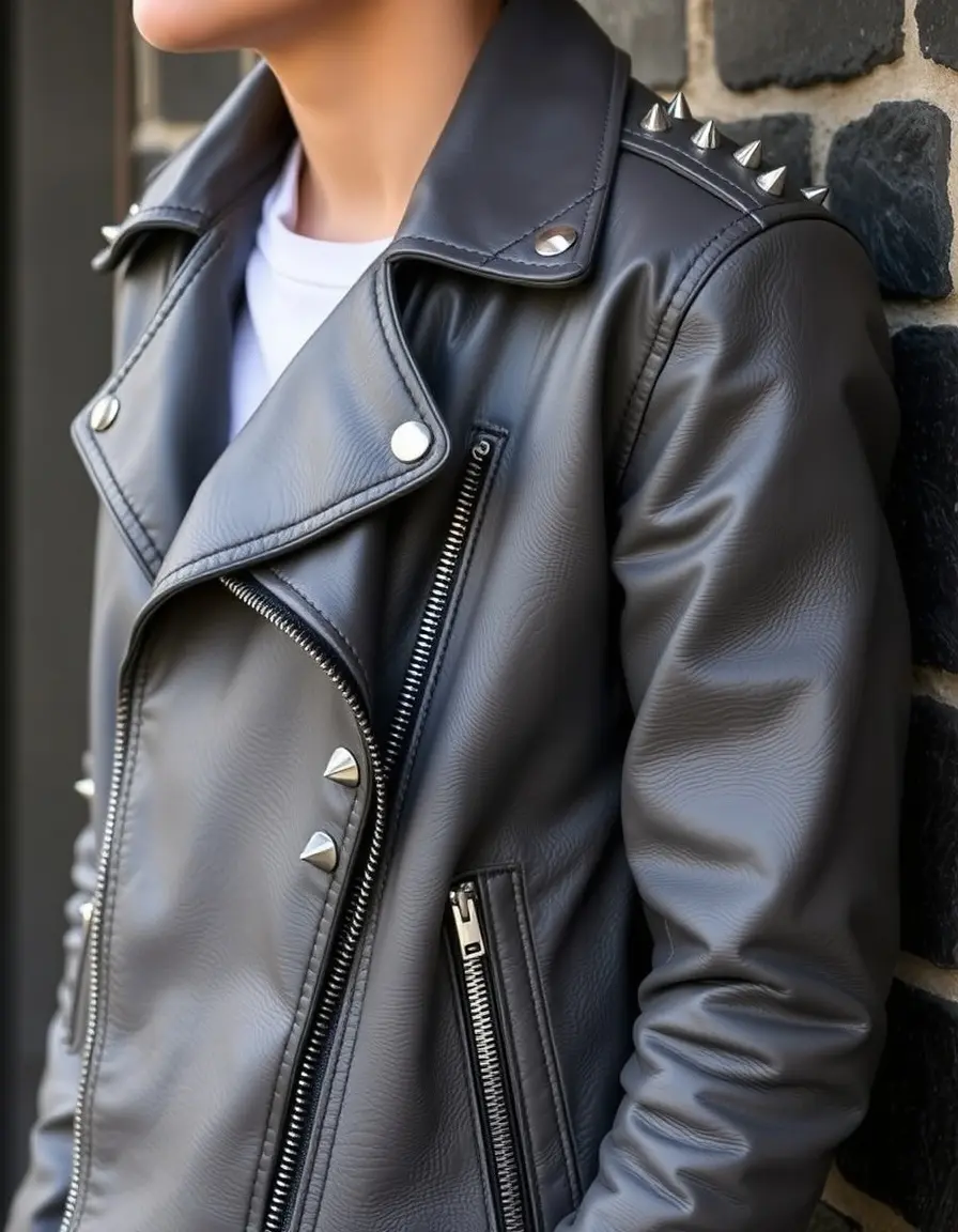 Giacca in pelle grigia con punte metalliche stile punk