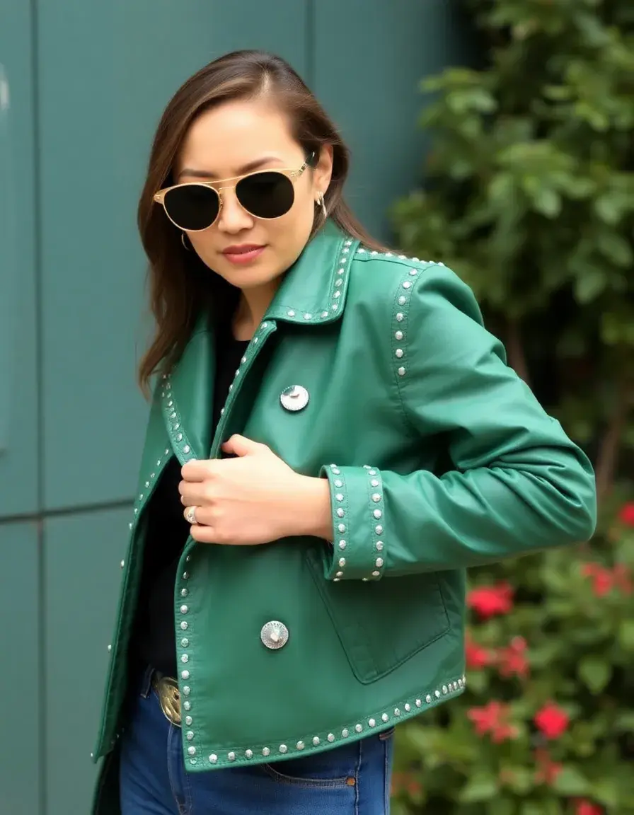 Giacca biker in pelle verde bosco particolare