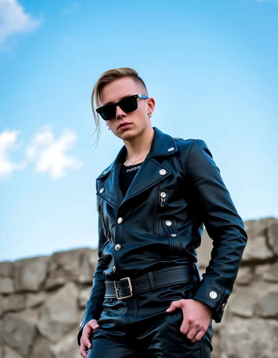 Chiodo in pelle nero punk con dettagli metallici e borchie