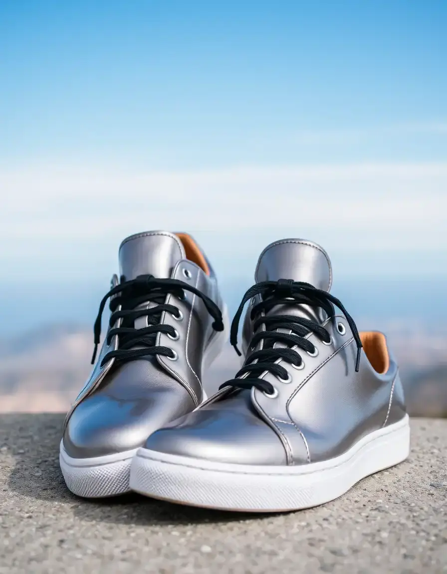 Sneakers moderne in pelle grigia lucida con design minimalista