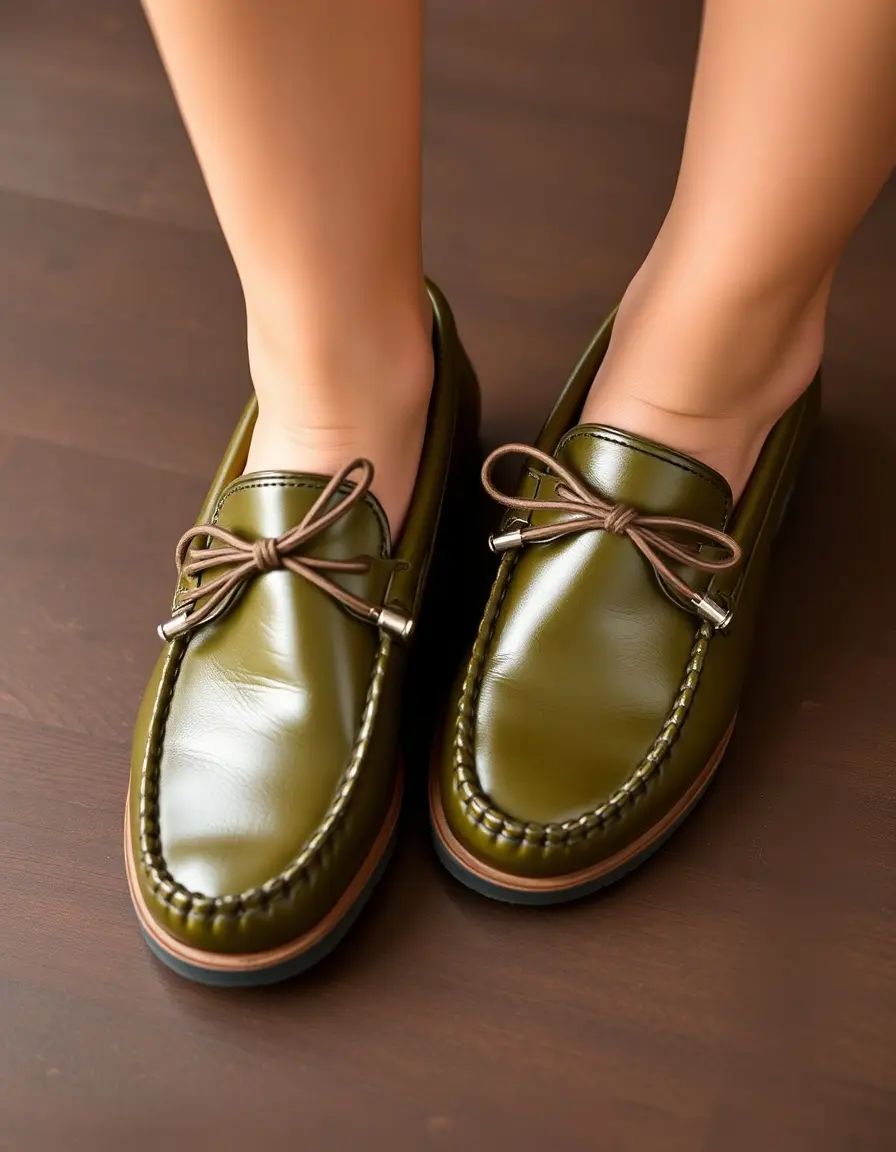Mocassini comodi in pelle verde oliva lucida per un look autunnale