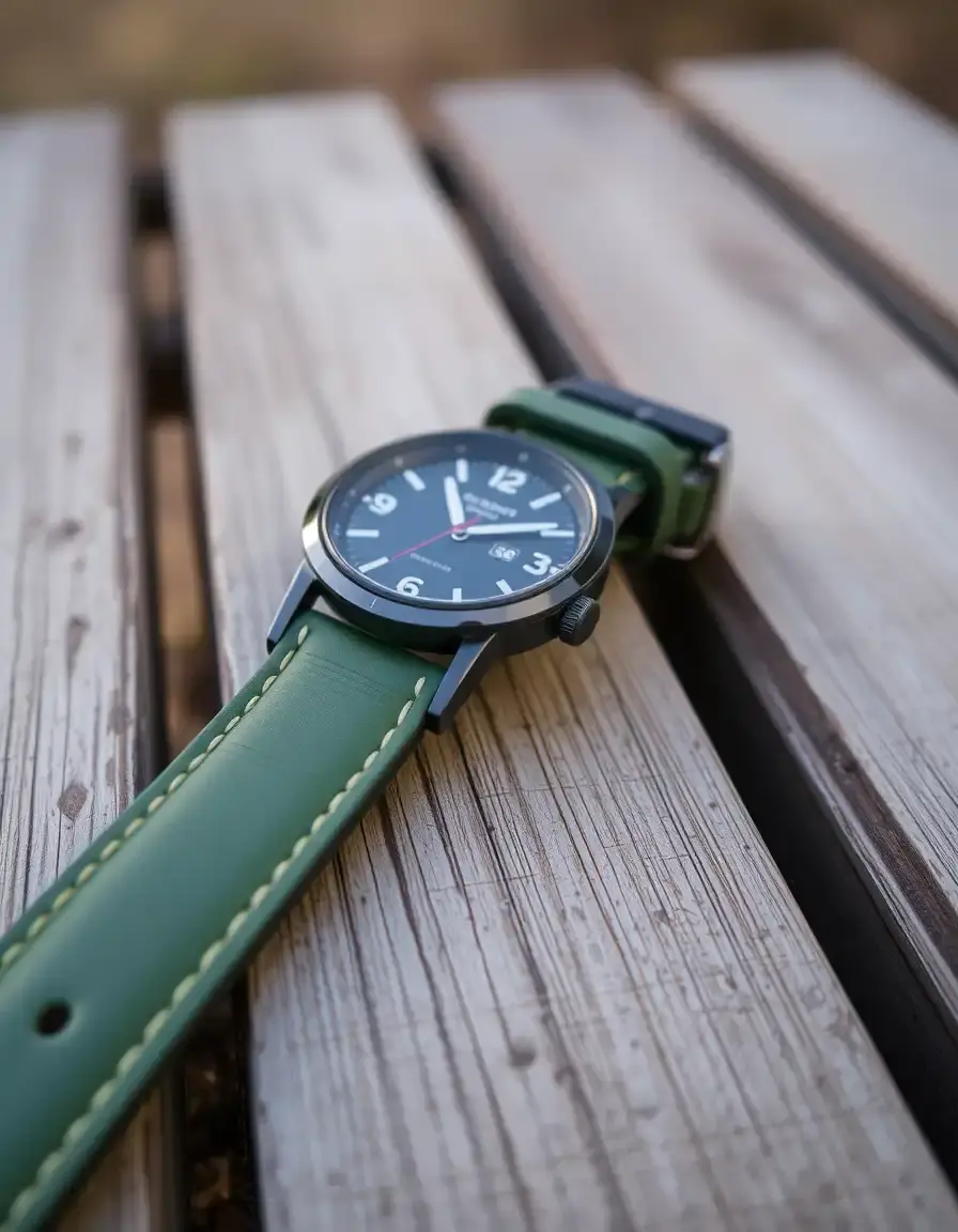 Cinturino in pelle verde militare stile outdoor