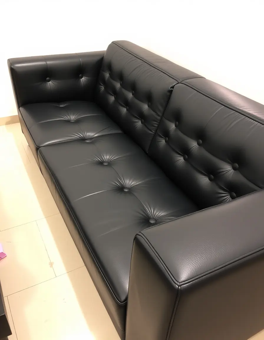 Divano moderno in pelle nera a tre posti in soggiorno minimale