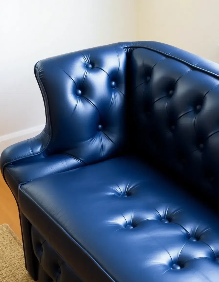 Divano in pelle blu scuro con lavorazione capitonné