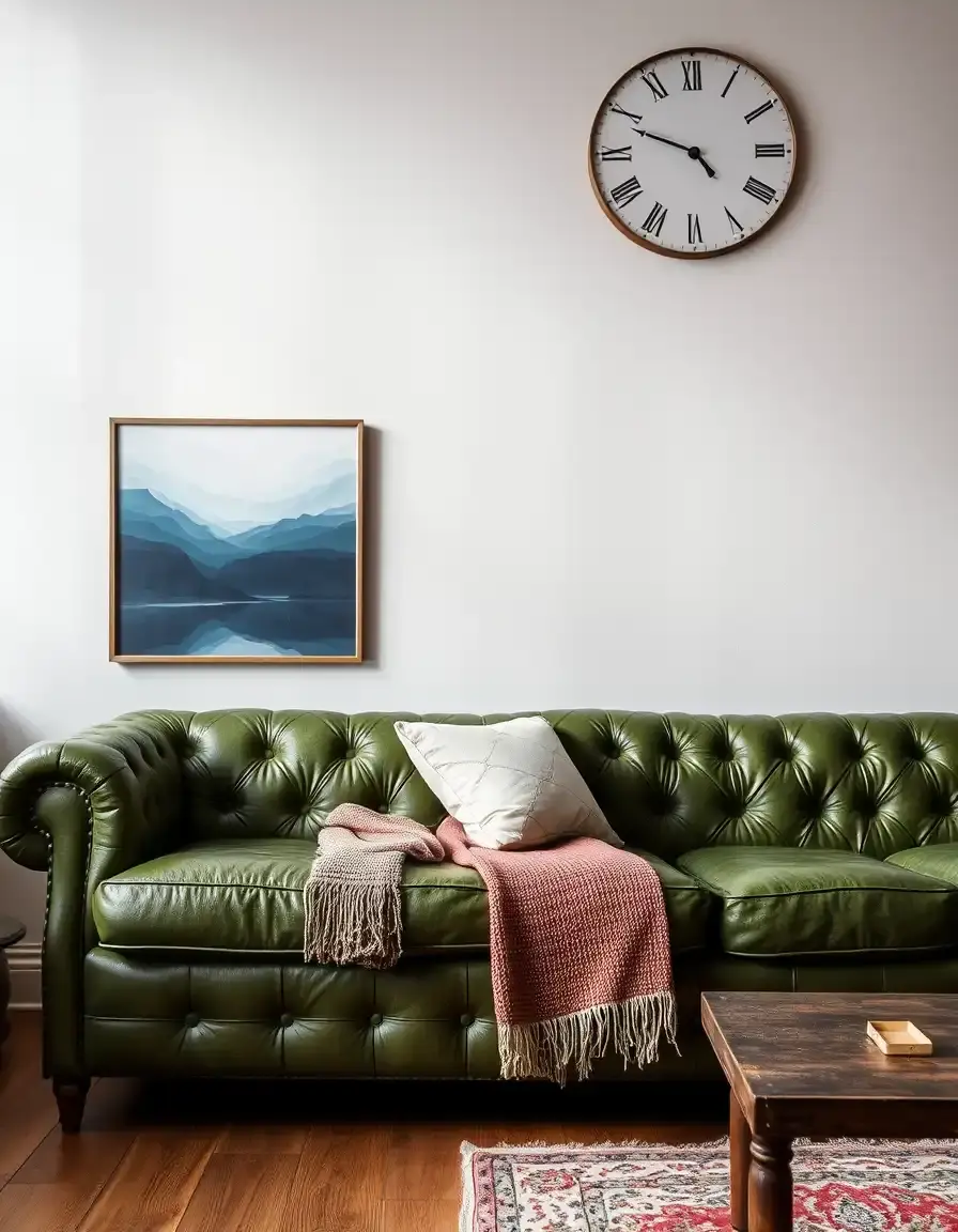 Divano rustico in pelle verde scuro