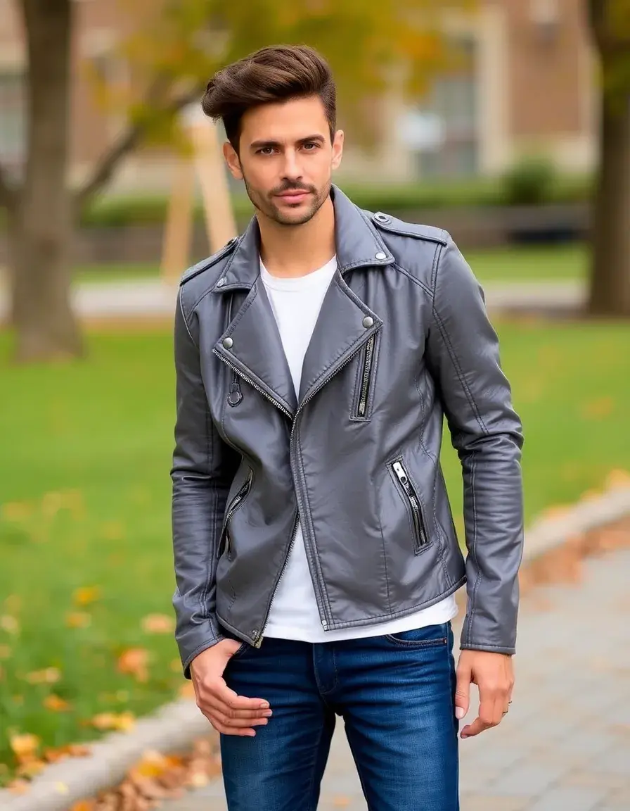 Giacca biker grigio moderno in vera pelle