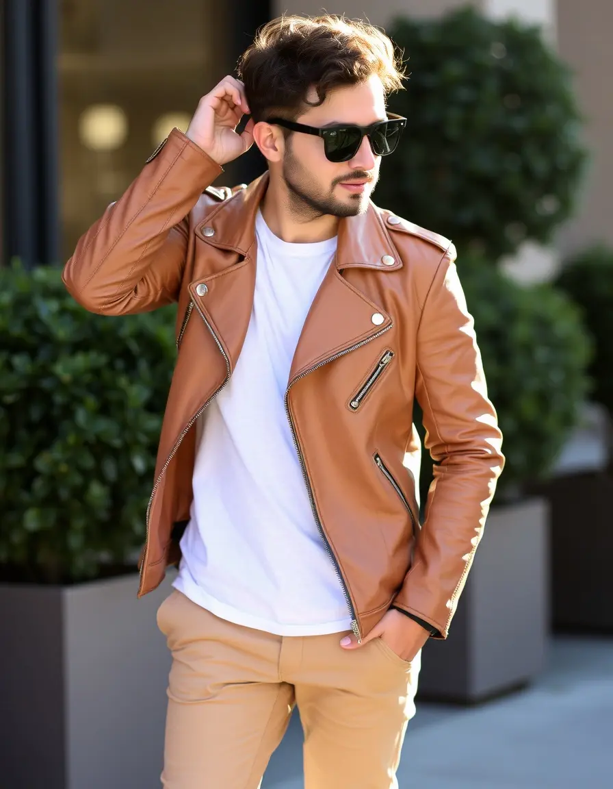 Giacca pelle marrone chiaro stile casual morbida