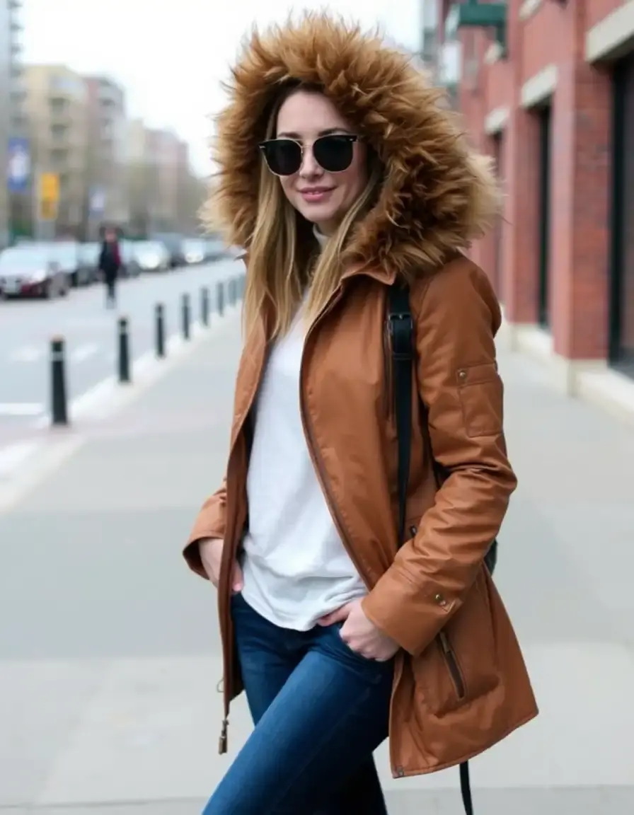 Parka lungo in pelle color toffee invernale
