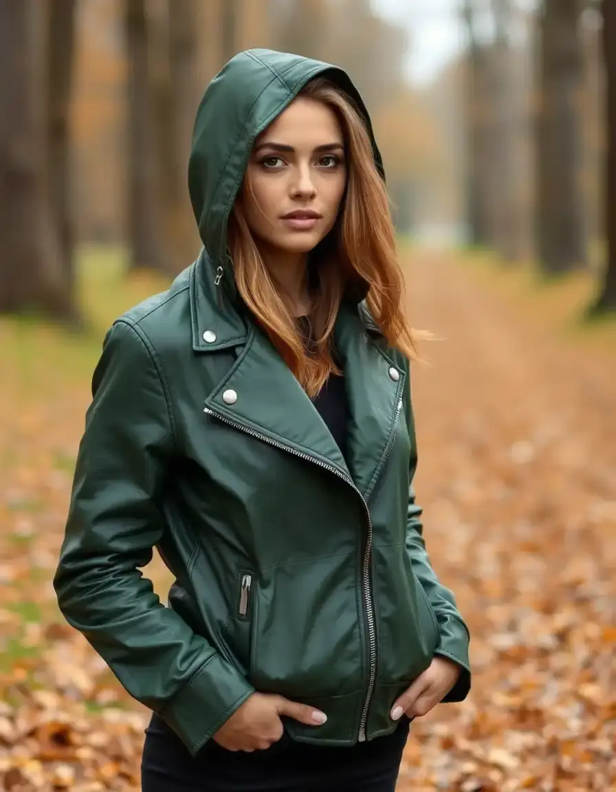 Giacca uomo in pelle verde con cappuccio casual