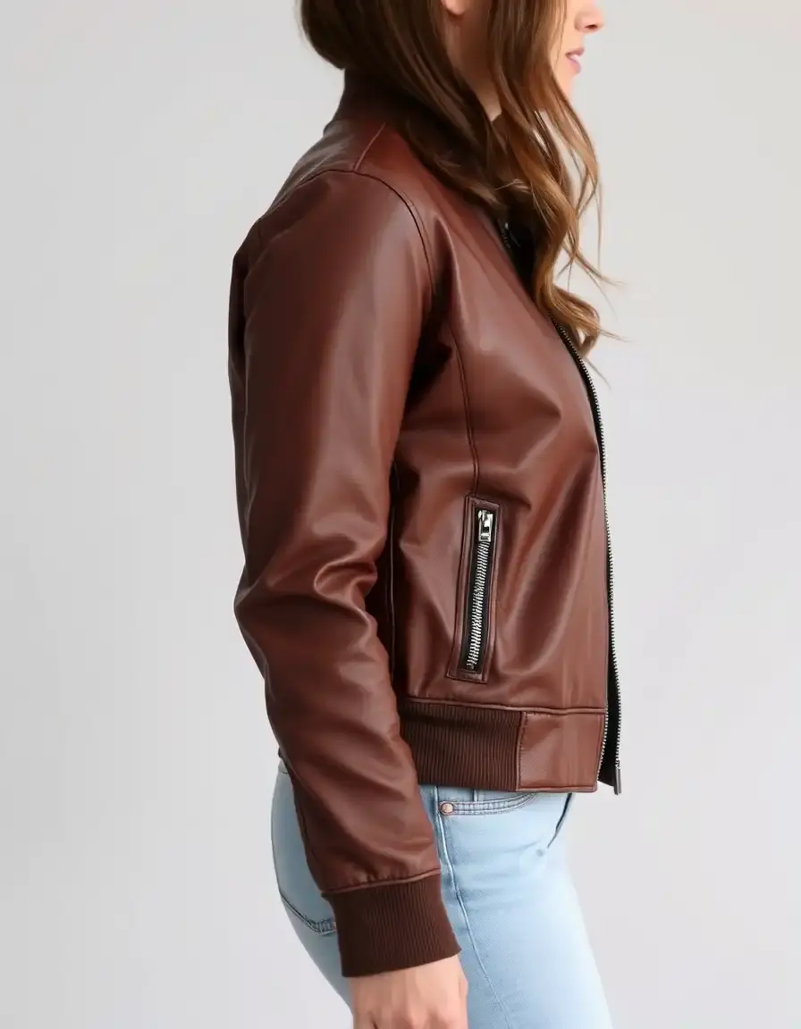 Giacca bomber donna in pelle marrone vista laterale