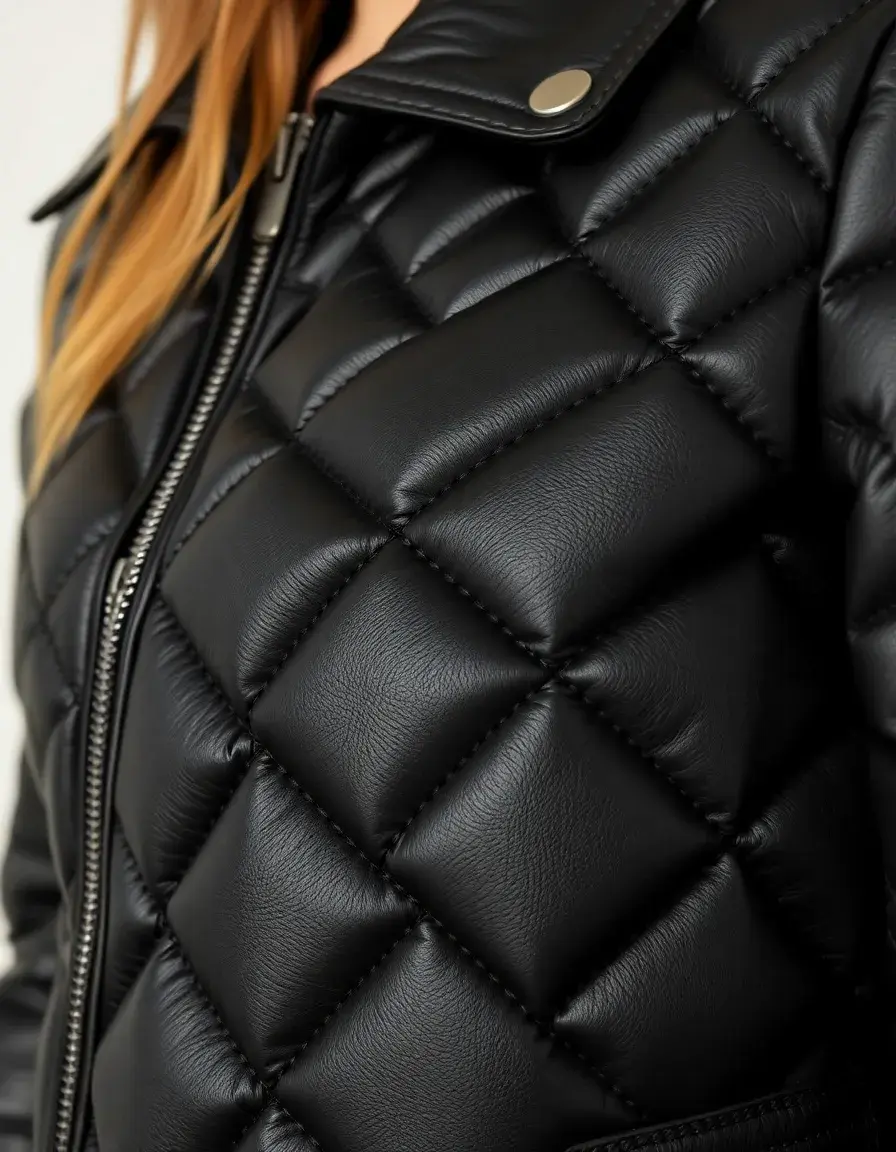 Giacca trapuntata donna in similpelle nera dettaglio ravvicinato