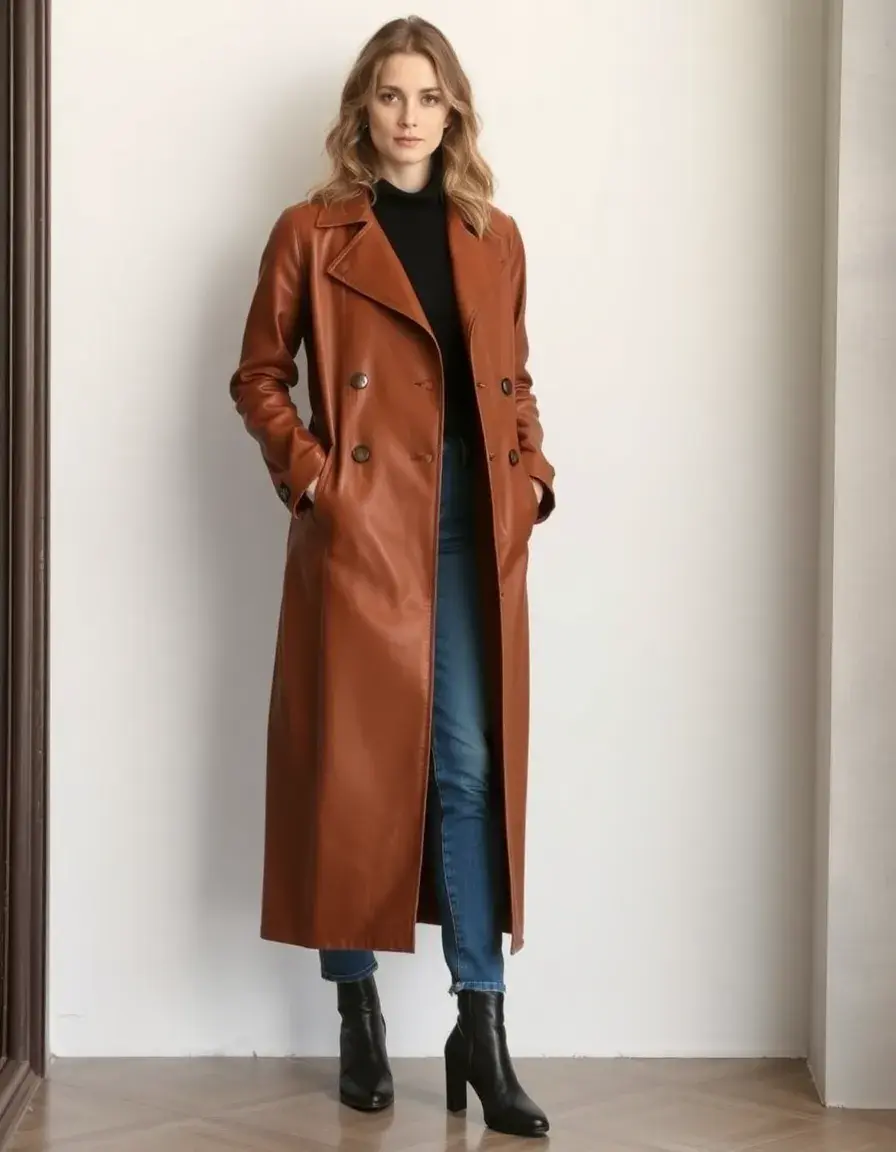 Trench lungo donna in pelle color tan
