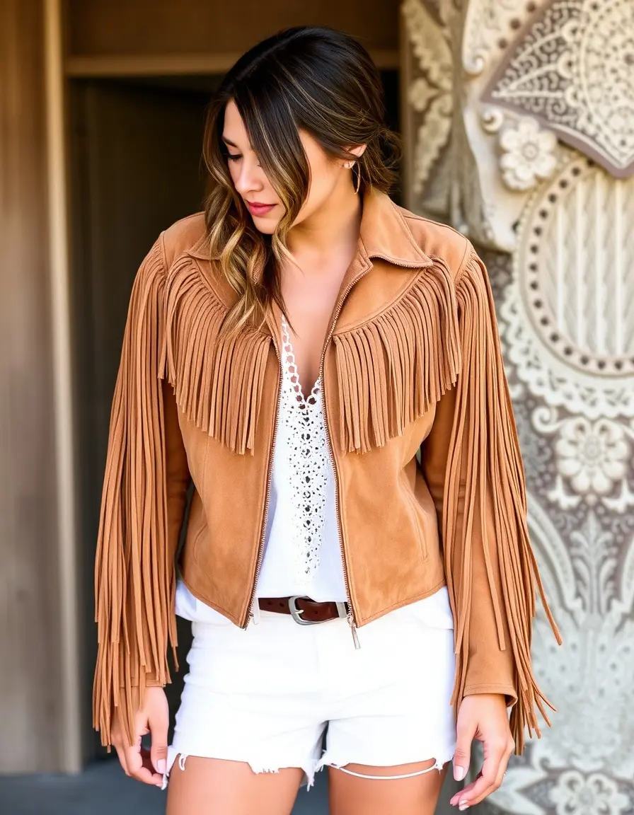 Giacca donna in pelle scamosciata con frange stile bohémien