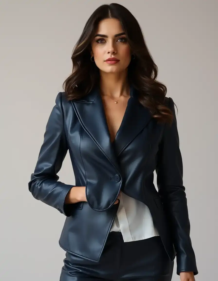 Blazer donna in pelle blu navy taglio sartoriale