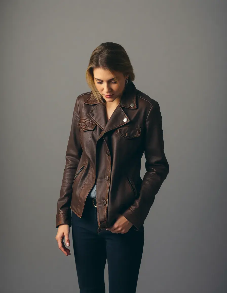 Giacca in pelle vintage marrone effetto invecchiato per donna