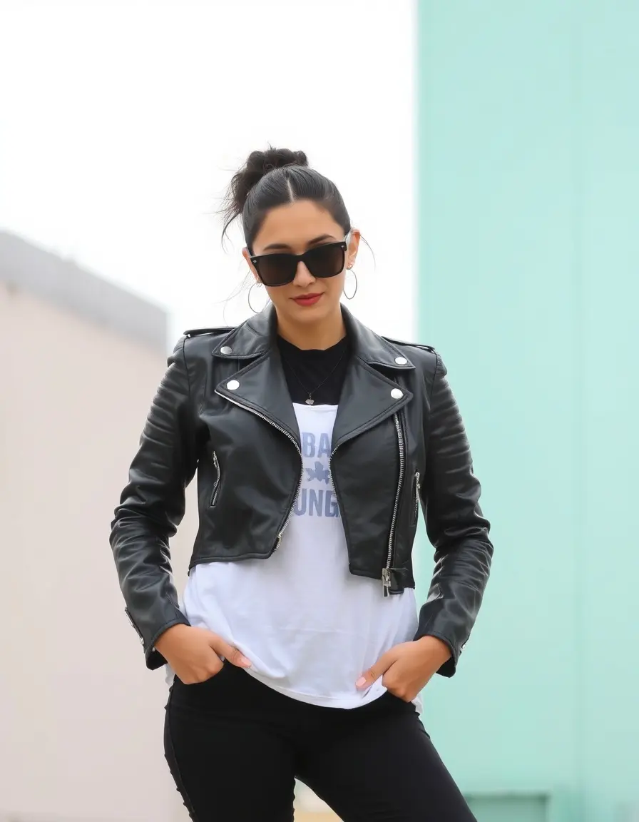 Giacca in pelle nera corta cropped donna look casual