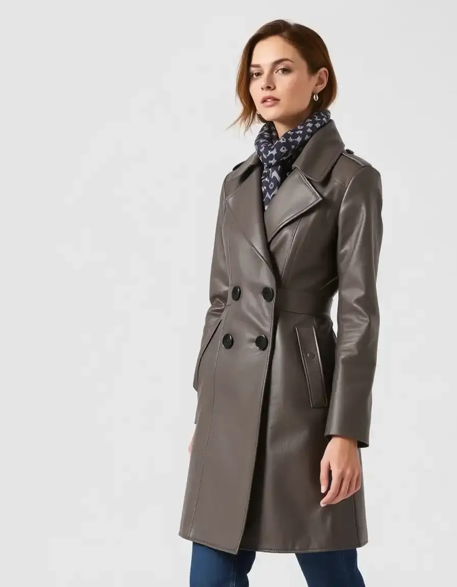 Pea coat doppiopetto in pelle grigia per donna