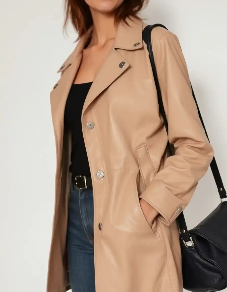 Giacca a vento leggera in pelle beige donna mezza stagione