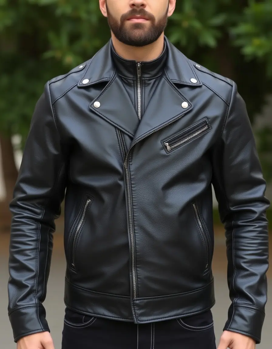 Giubbotto di pelle biker classico uomo nero vista frontale