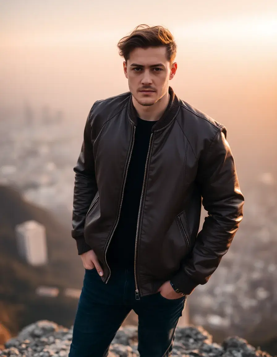 Giubbotto di pelle bomber unisex marrone vista aerea