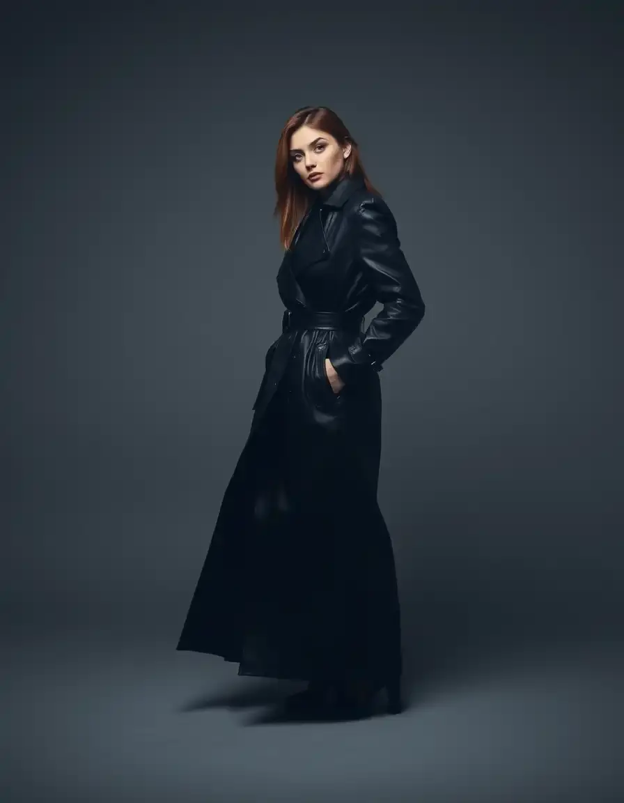 Cappotto trench lungo in pelle nera posa drammatica