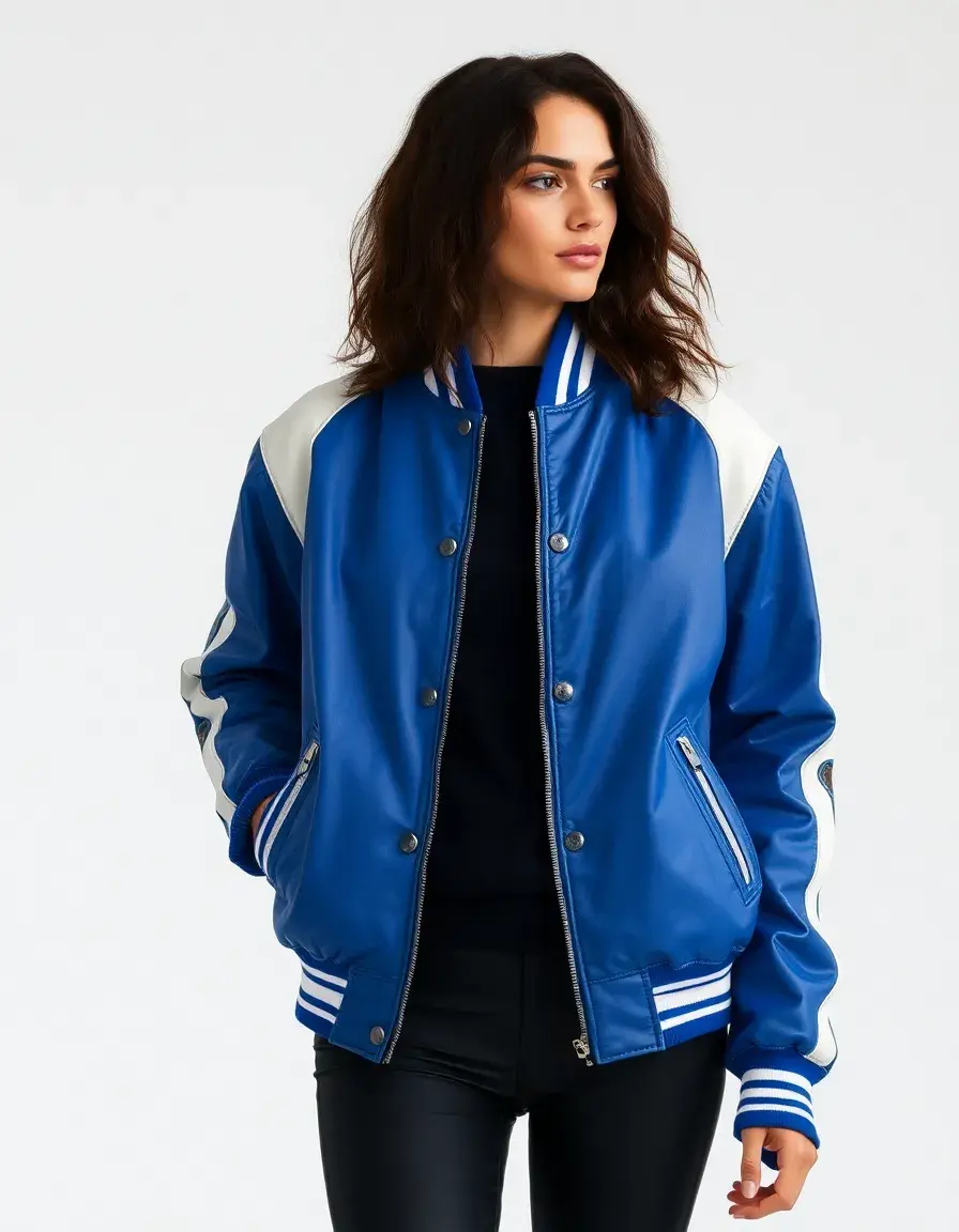Giacca varsity pelle blu e bianca stile college