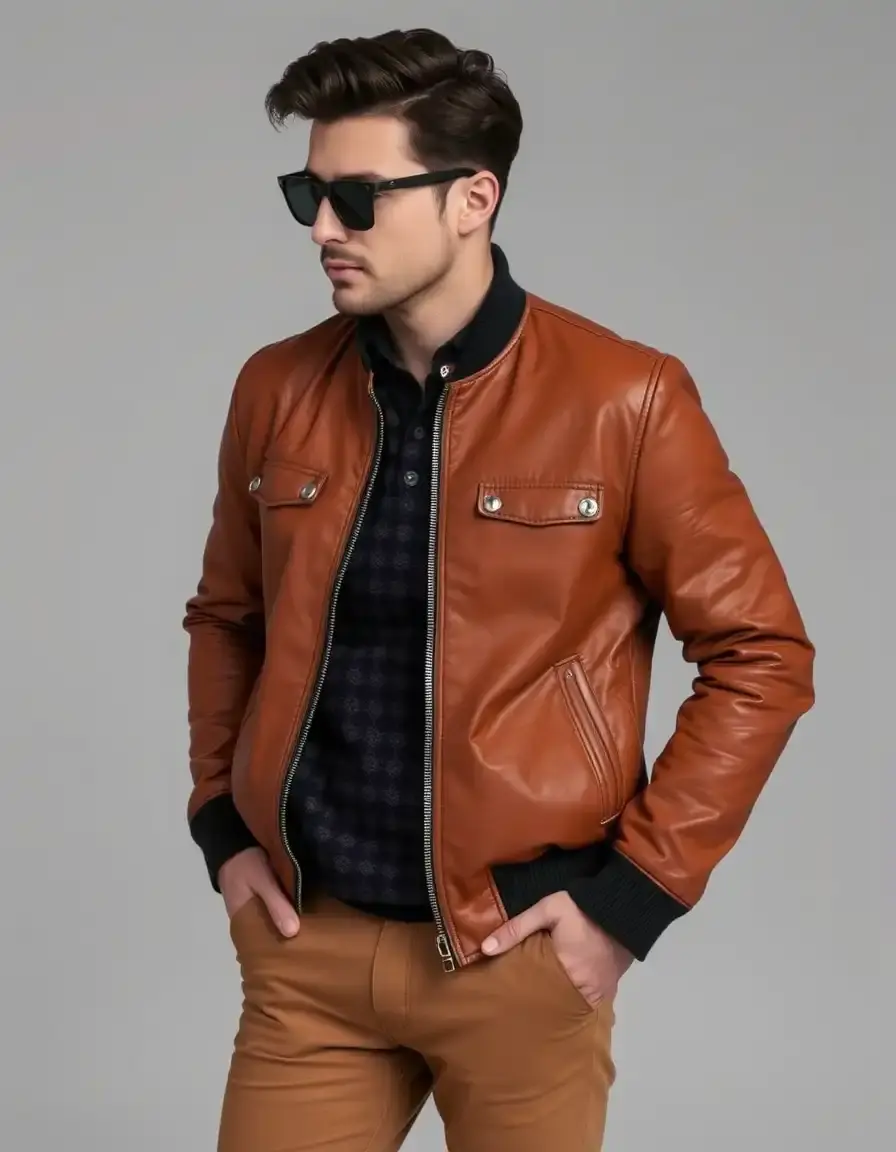 Giacca Harrington slim in pelle color cuoio