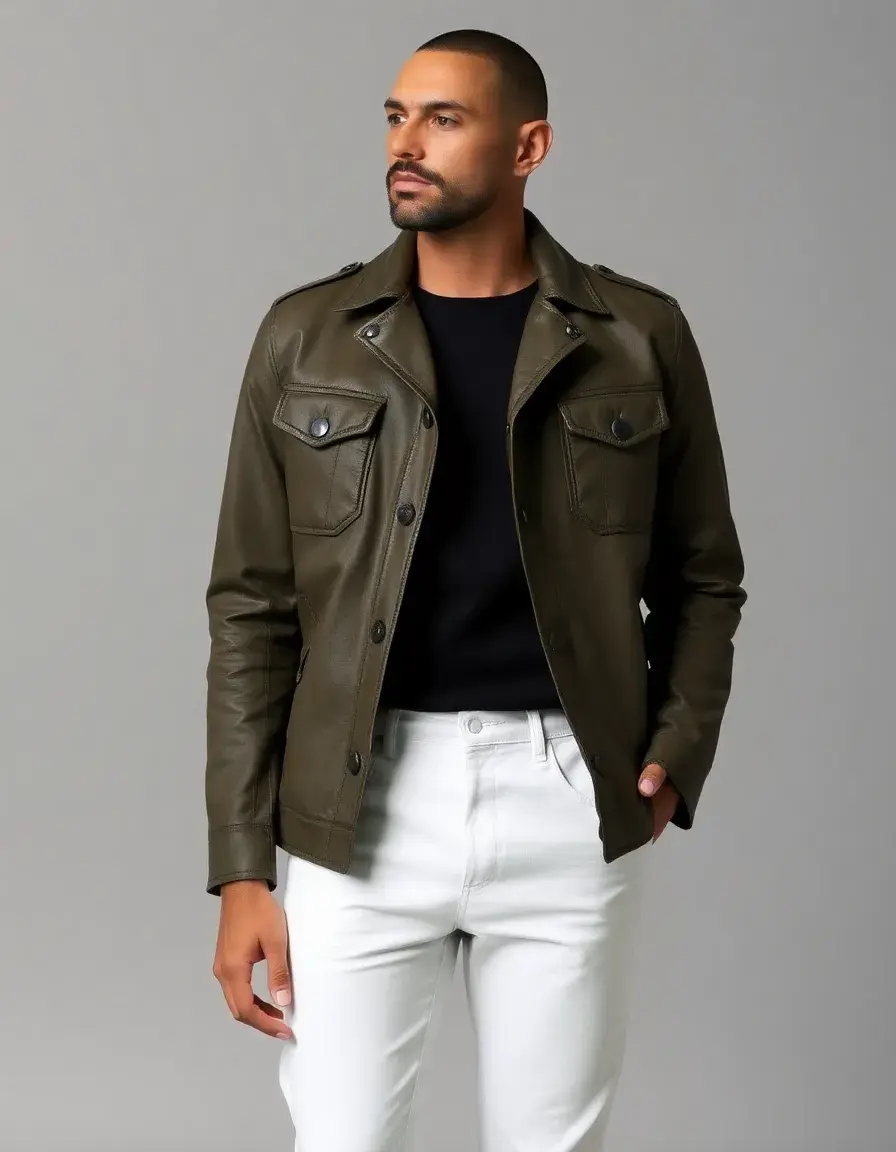 Giacca field militare in pelle verde oliva