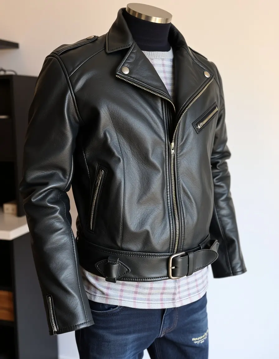 Giubbotto uomo in pelle nera stile moto su manichino