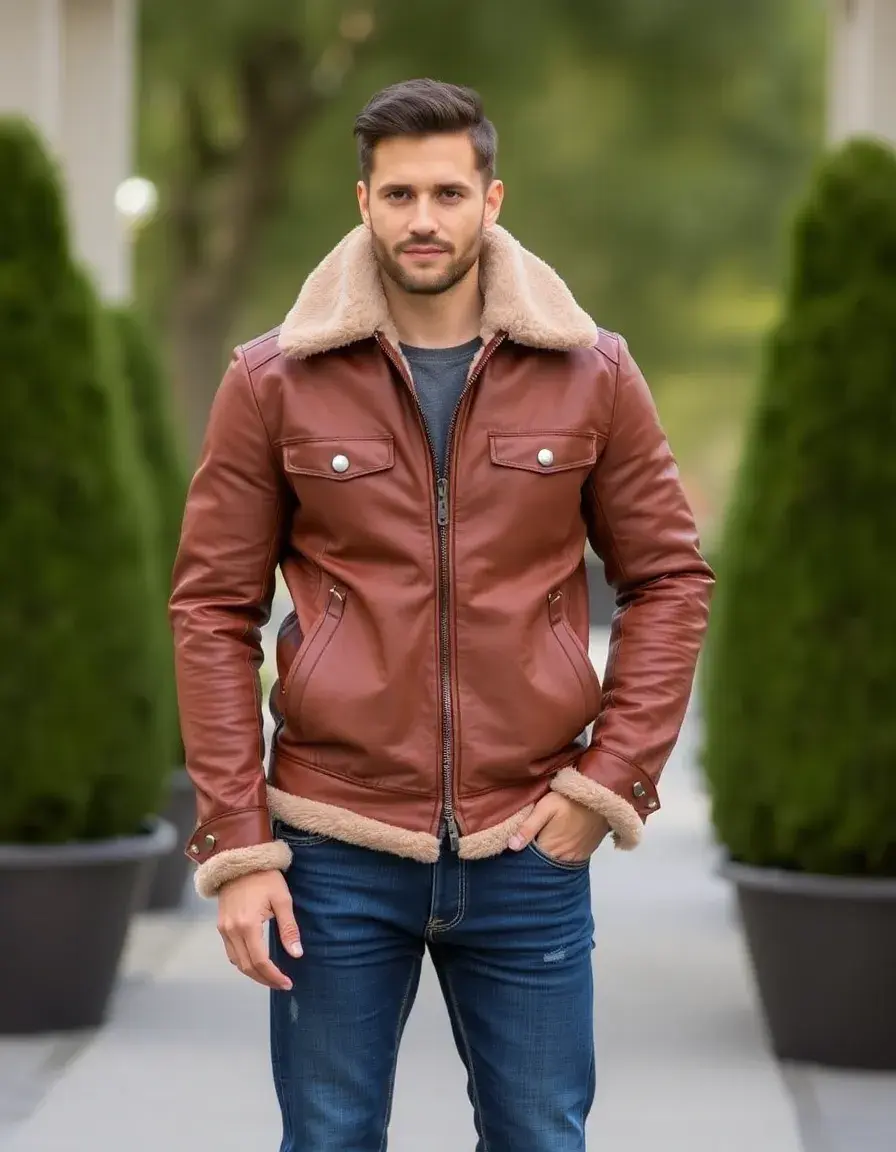 Giacca aviatore uomo in pelle marrone con collo in lana